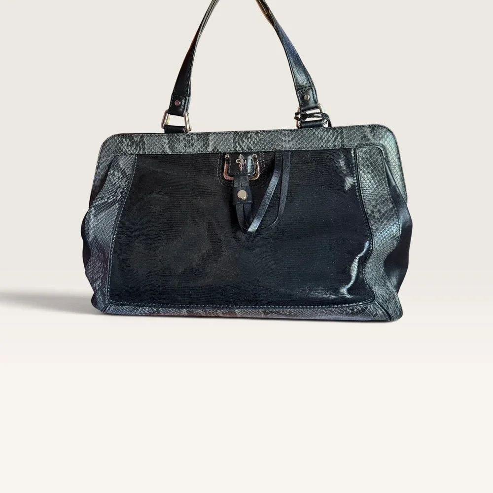 Cole Haan Black Lizard Gray Snakeskin Embossed Leather Satchel Handbag Bag